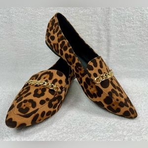 Leopard Print Chain-Trim Pointed Loafers - Brown